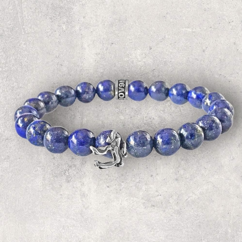 NOV9M®️ 925 Silver Jewish Chai Charm Lapis Beads Bracelet